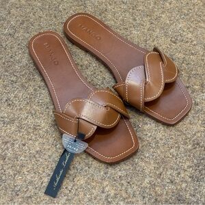 NWT Mango Braided Flat Leather Sandals Brown Square Toe EU 39